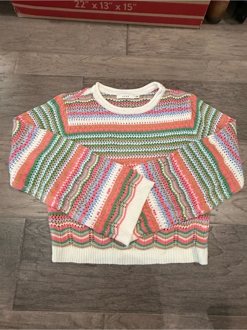Lush Multicolor Striped Open-Knit Crewneck Sweater - White, Pink, Green, Blue